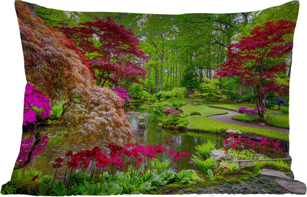 MuchoWow Outdoor Kissen - Bäume - Blumen - Japanisch - Natur - Wasser - 50x30 cm - Wetterfest - Lounge Kissen - Sofa kissen - Wohnzimmer Dekoration