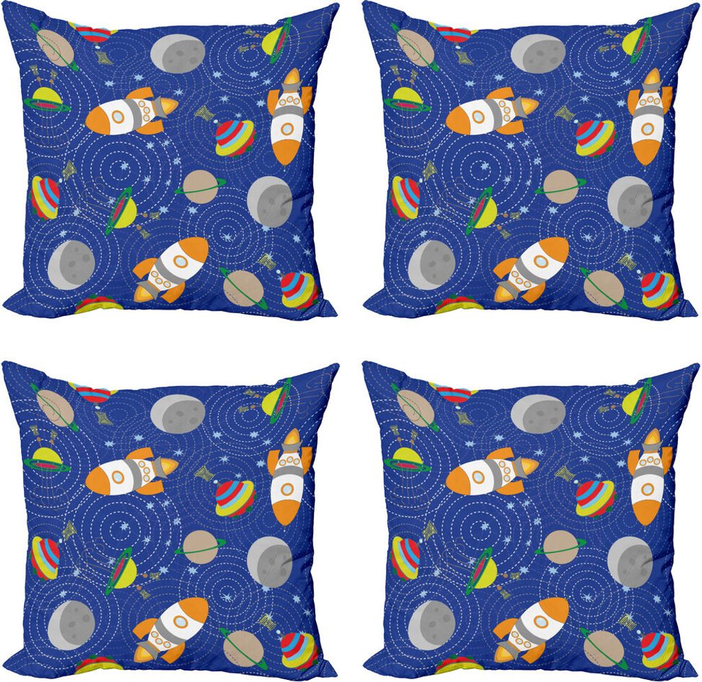ABAKUHAUS Kindergarten Kissenbezug Set (4 Stück), Weltraum Mond UFO, Moderner Doppelseitiger Digitaldruck, 50 cm x 50 cm, Mehrfarbig