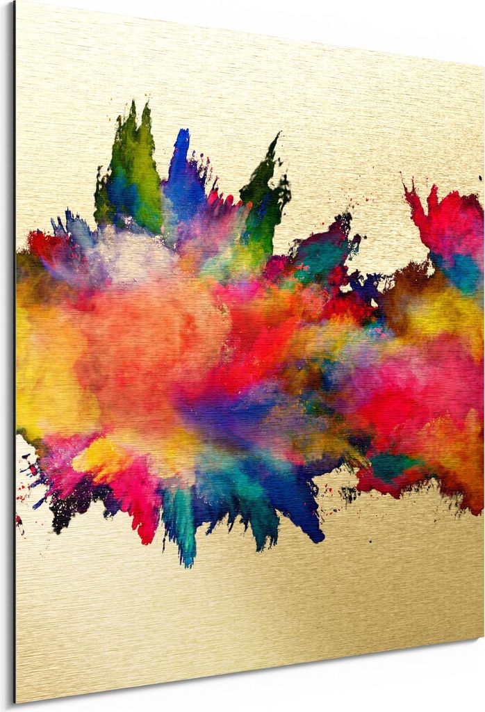 DEQORI Alu-Dibond Bild Gold 50x50 cm 'Zusammenknall Farbpuder' Wandbild Metall dünn