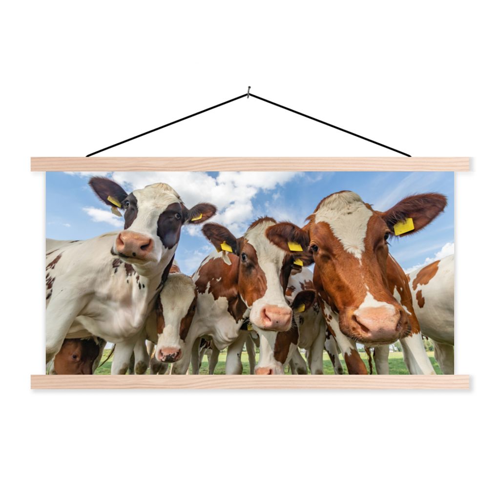 MuchoWow Textilposter Kühe - Tiere - Wiese - Natur 120x60 cm mit holzfarbenen Rahmen - Klemmleiste