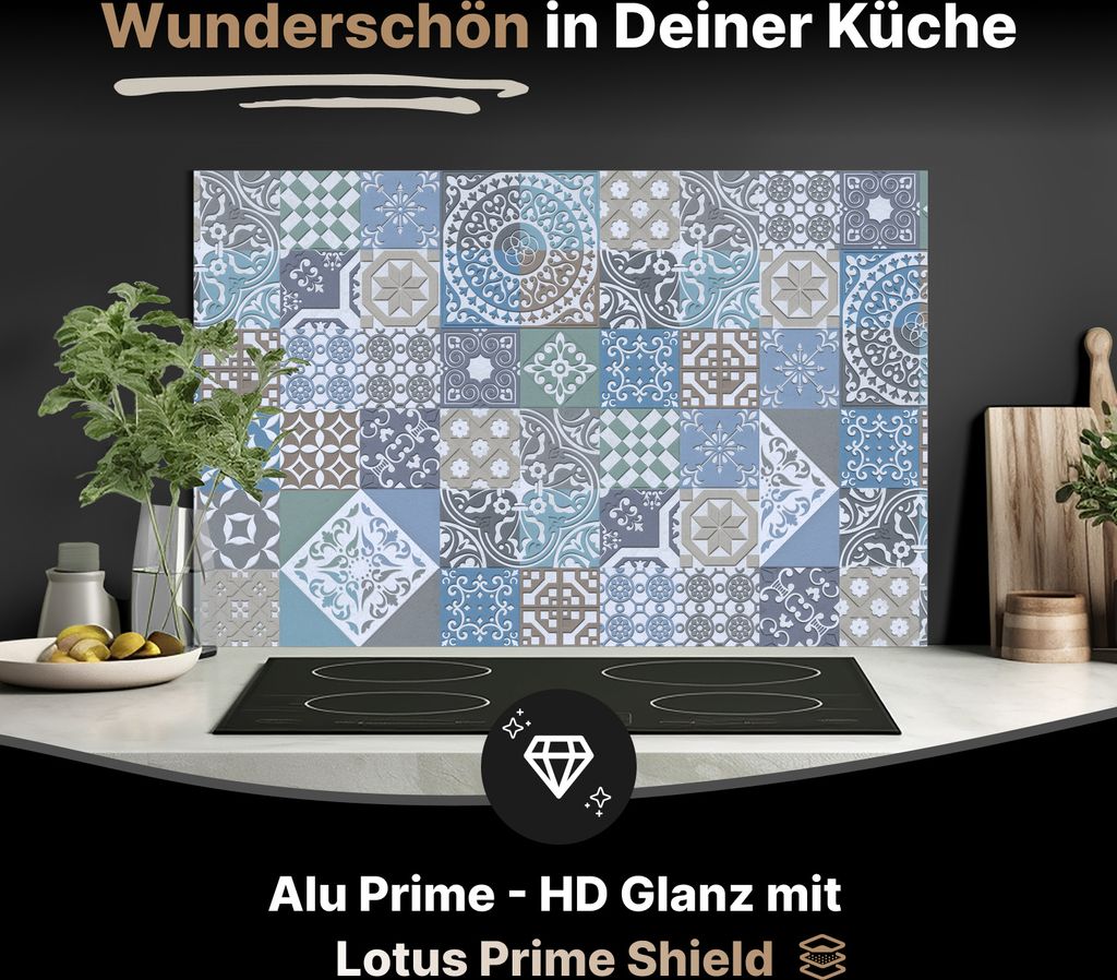 Spritzschutz Küchenrückwand aus Aluminiumverbund Glanz - 3mm - 125x50 cm - Bläulich Buntes portugiesisches Mosaik