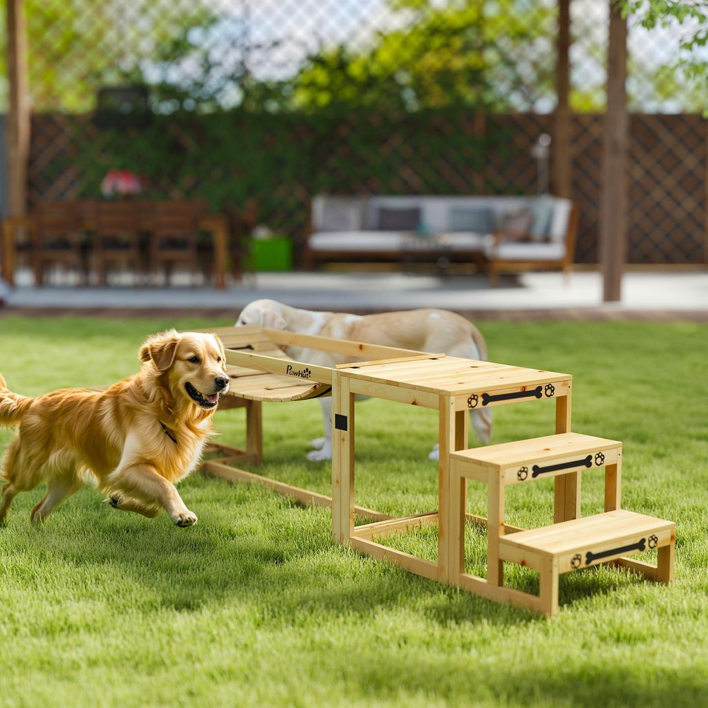 Hunde Agility Set 3-teilig mit Brücke Treppe Plattform, Trainingsstation Tannenholz, Naturholz | 117 x 50 x 56 cm | bis 40 kg | für große Hunde
