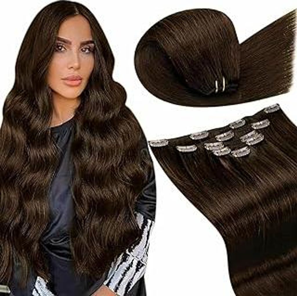 LaaVoo Clip in Extensions Echthaar Braun Extensions Clip in Echthaar Haarverlängerung für Komplette Kopf Glatt Clip in Extensions Braun Doppelt T...