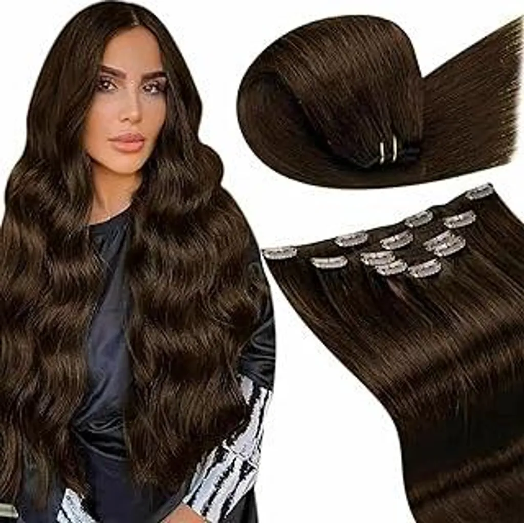LaaVoo Clip in Extensions Capelli Veri Castani 30cm - Effetto Volume