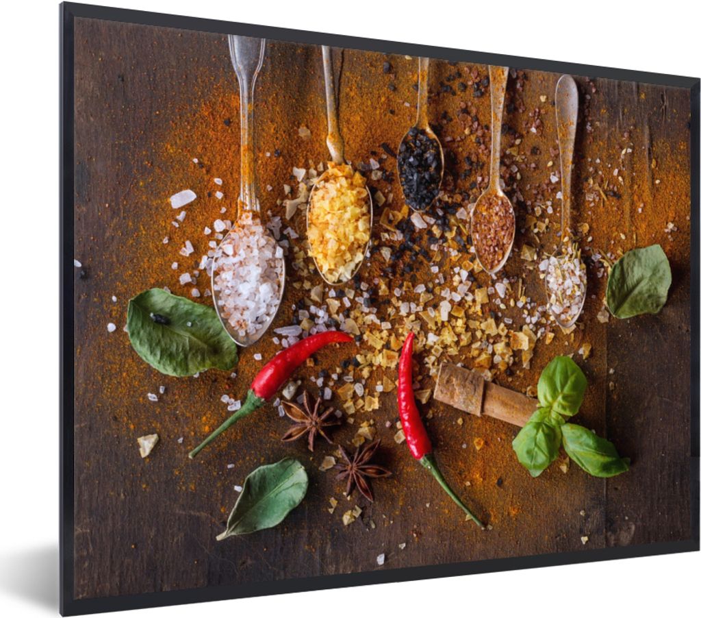 MuchoWow Gerahmtes Poster Löffel - Kräuter - Gewürze - Salz 40x30 cm - Poster mit Schwarzem Bilderrahmen Wandposter Rahmen Foto Bilder - Kunst...