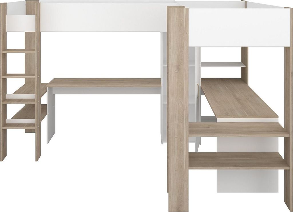 Doppel-Eckhochbett mit Stauraum & Schreibtisch - 2 x 90 x Produktbild 