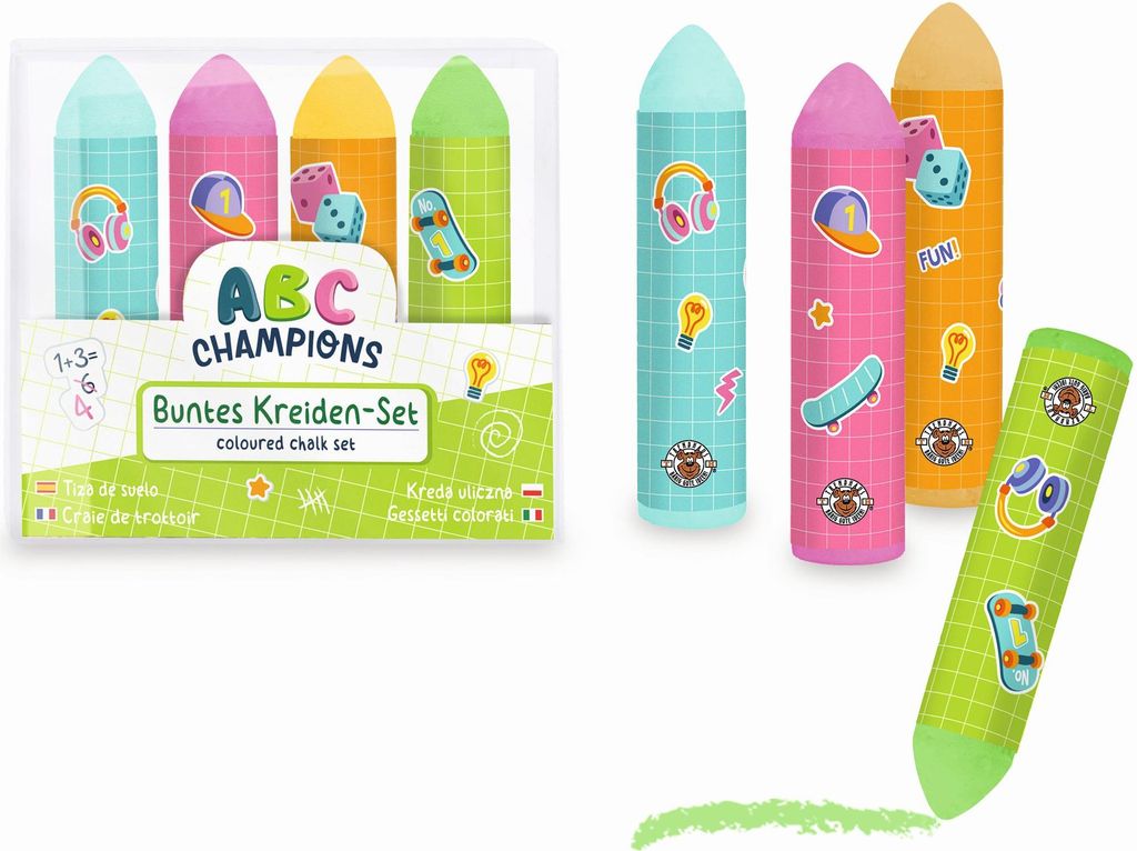 Trendhaus ABC-5 Kreiden 4er-Set Bunte Kreiden für kreativen Spaß - egal ob auf der Tafel oder im Freien! Die kräftigen Farben in d