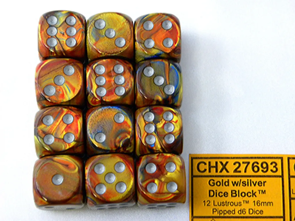 Dés Chessex D6 16mm Lisibles et Robustes Set 12 Pièces Or Argent Brillant