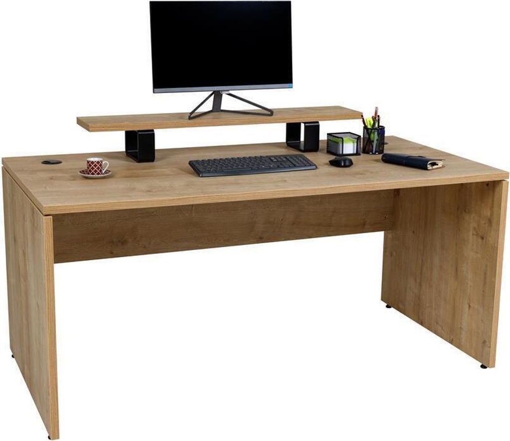 Schreibtisch Nuvi, 180 cm x 80 cm x 75 cm, Saphir Eiche Nachbildung inkl. Kabelkanal und Monitorständer