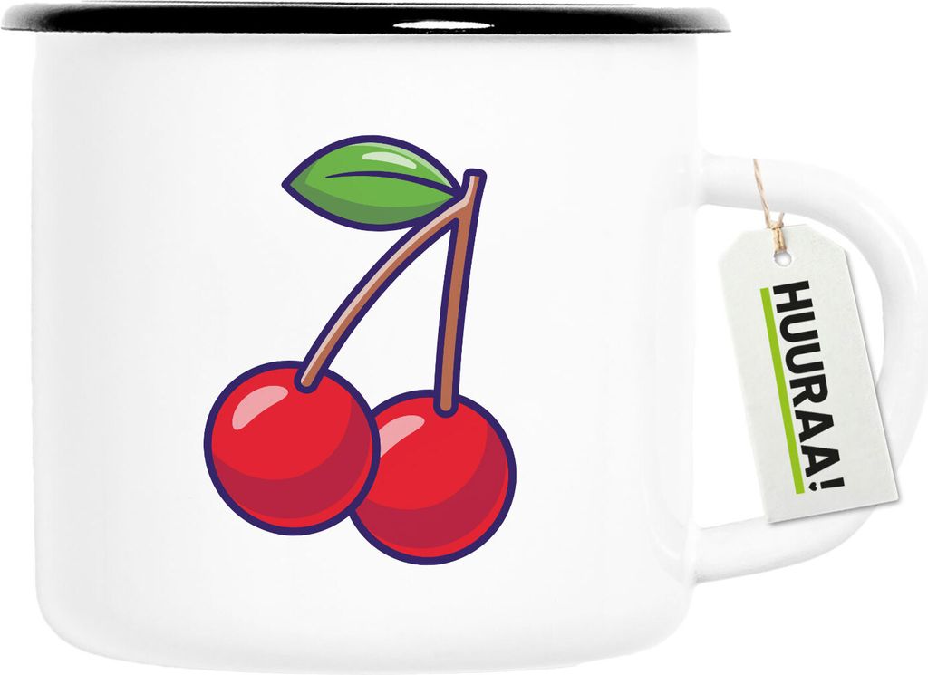 Huuraa Emaille Tasse Kirsche Comic 300ml Vintage Campingbecher Geschenkidee