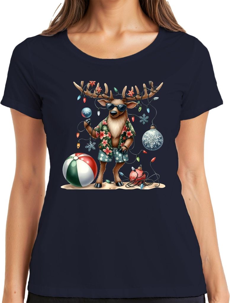 Rentier Weihnachten Lustig Hawaii Strand Sonnenbrille Retro Damen T-Shirt, Navy, XL