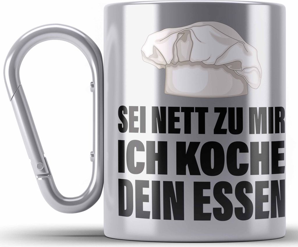 Trendation - Koch Edelstahl Tasse Karabiner Geschenk Sei Nett Zu Mir Ich Koche Dein Essen Köchin Geschenkidee (Silber)
