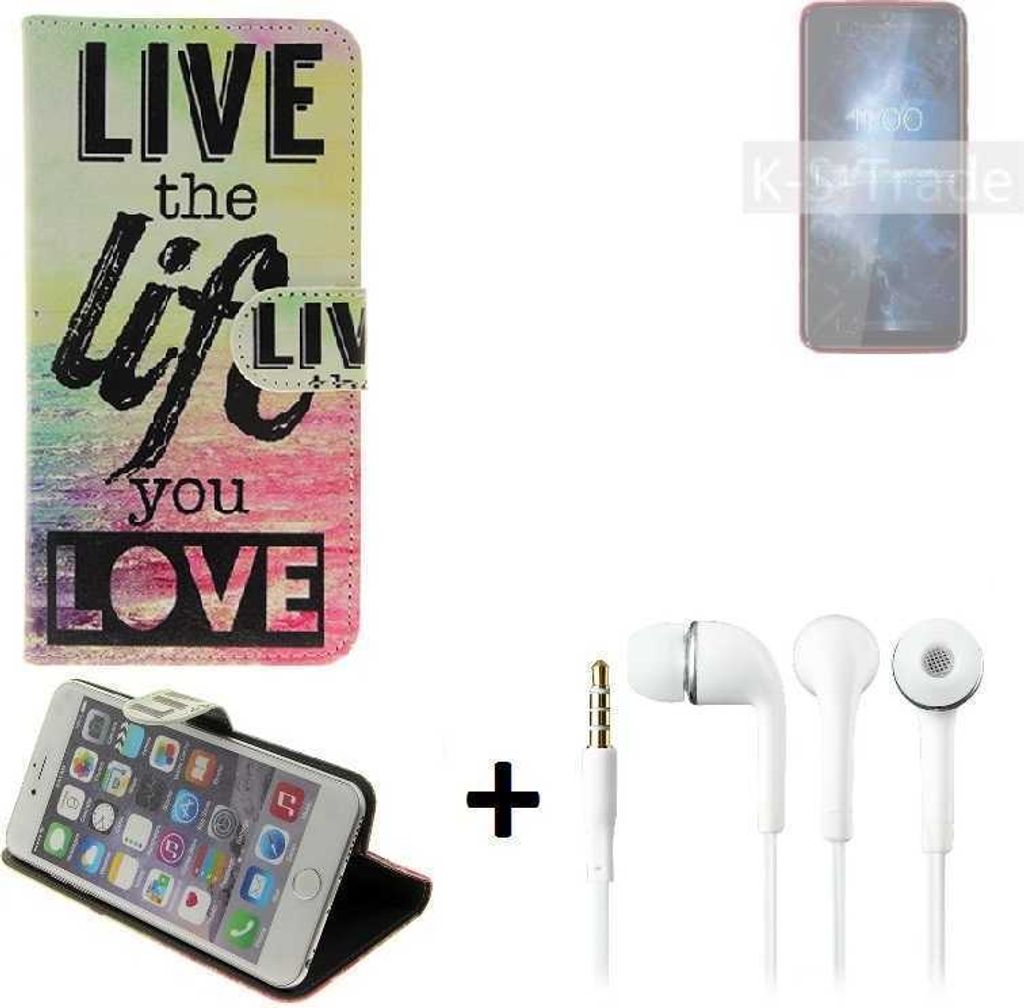 K-S-Trade Schutz Hülle kompatibel mit BQ Mobile BQ-6061L Slim 360° Wallet Case ''live life love'' Tasche Handy Hülle Etui Smartphone Flip cover