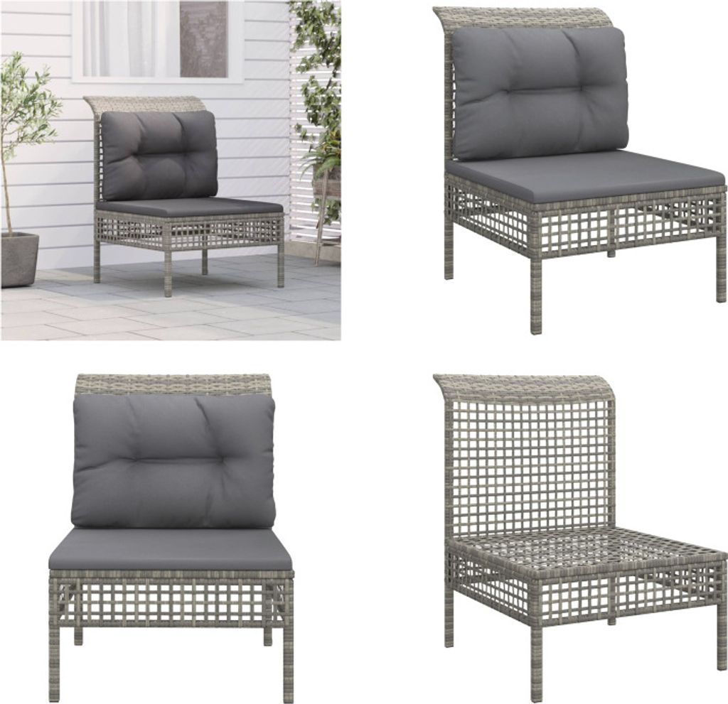 vidaXL Garten Mittelsofa mit Kissen Grau Poly Rattan - Garten Mittelsofa - Garten Mittelsofas - Gartensofa - Outdoor Sofa