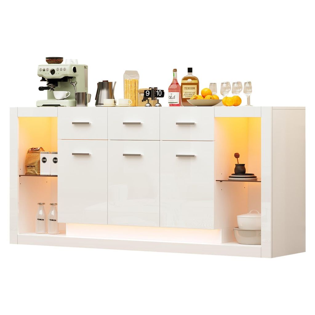 Beistellschrank,Wohnzimmerschrank mit LED-Lichtleiste und 3 Schubladen,Hochglanz-sideboard,Anrichte mit 14 Ablagefächern,Boden aus gehärtetem Glas