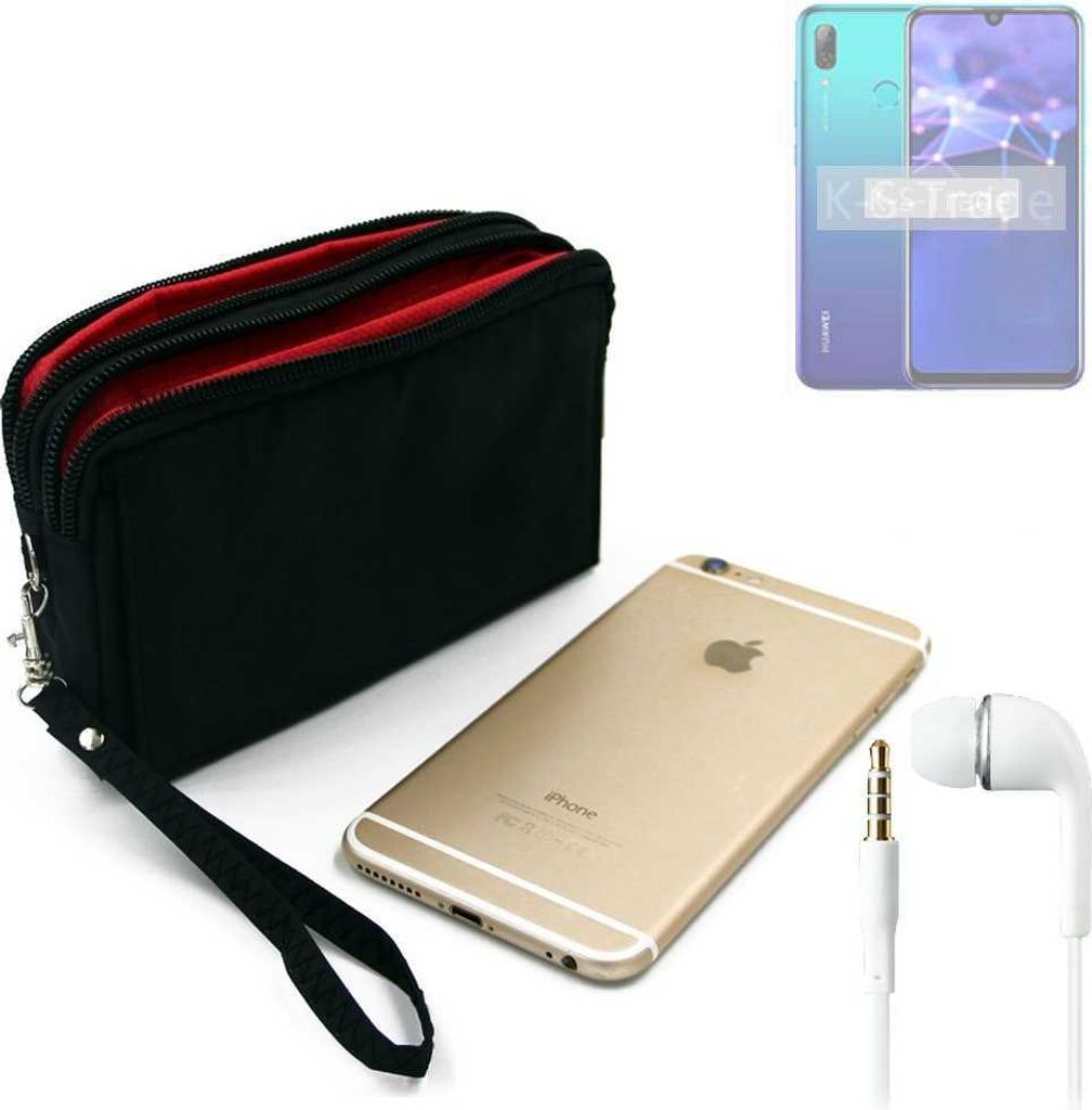TOP SET kompatibel mit Huawei P Smart 2019 Handy Hülle Gürteltasche schwarz + Kopfhörer Travel Bag Travel-Case mit Diebstahlschutz praktische