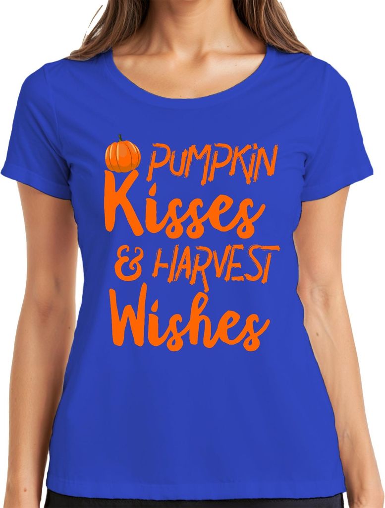 Pumpkin Kisses & Harvest Wishes Kürbis Halloween Herbst Retro Damen T-Shirt, Blau, M