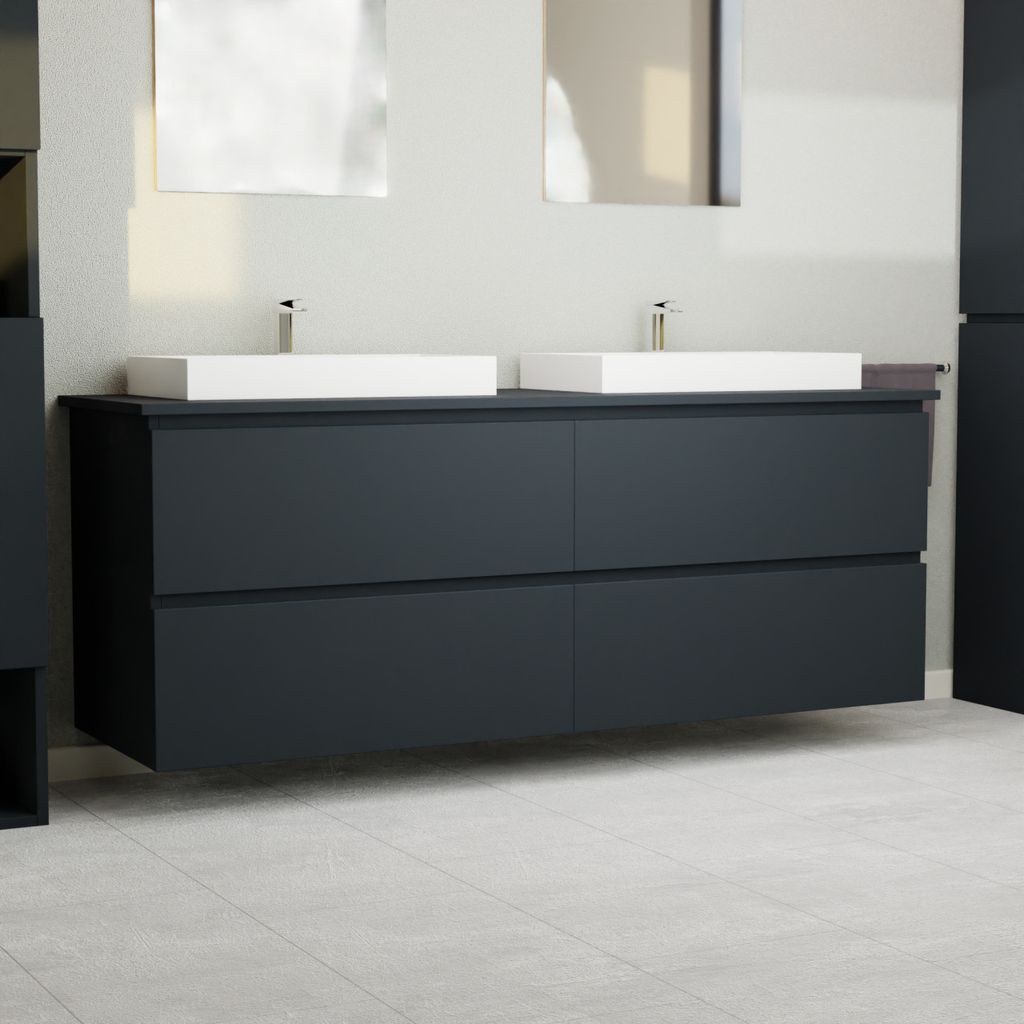 A modern bathroom vanity with two sinks and faucets, set against a plain wall with mirrors above.