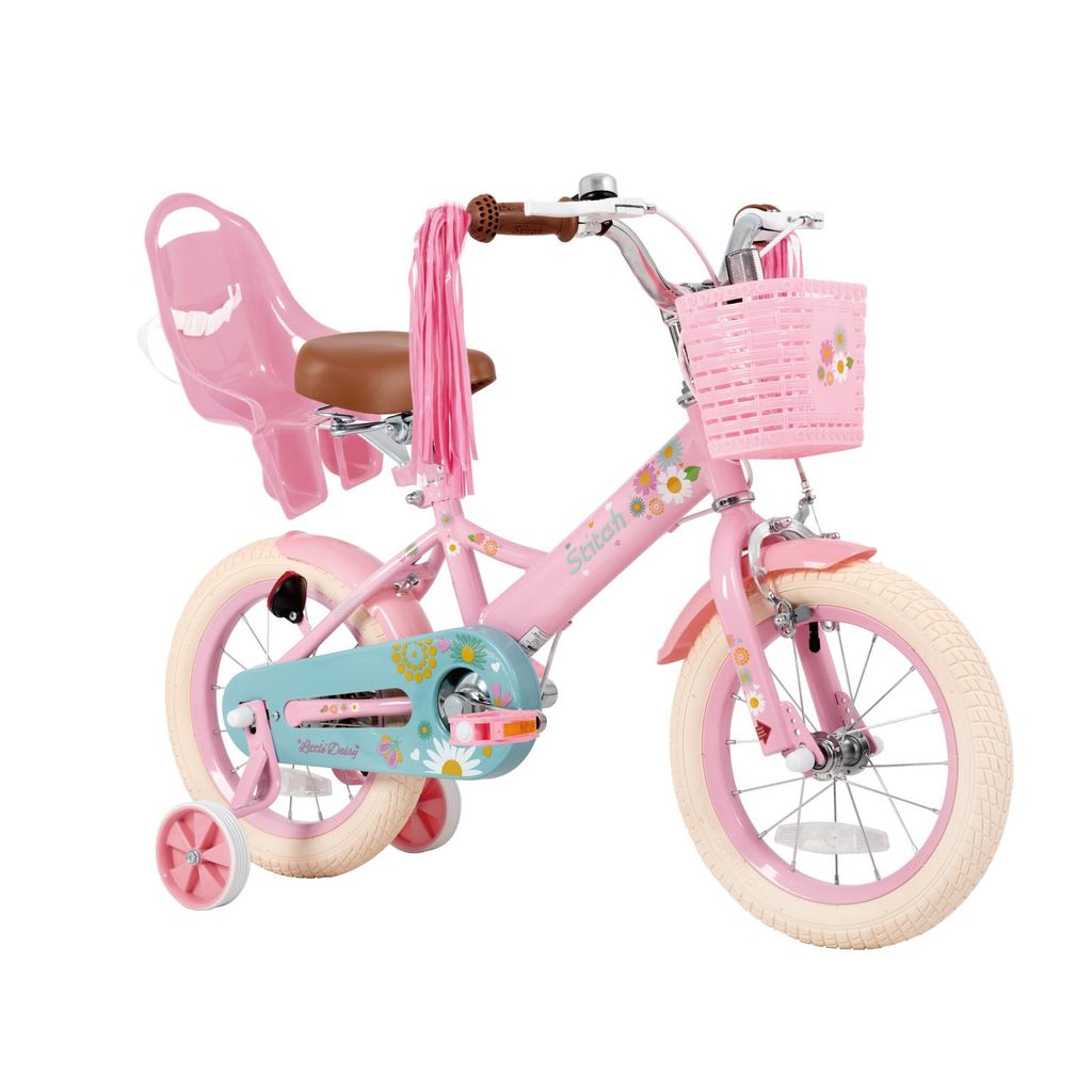 STITCH Kinderfahrrad 16 Zoll fahrrad für 2-7 Jahre Mädchen, Geschenk für Prinzessin,Mit Puppensitz, Bändern, Stützrädern, Korb, Rosa