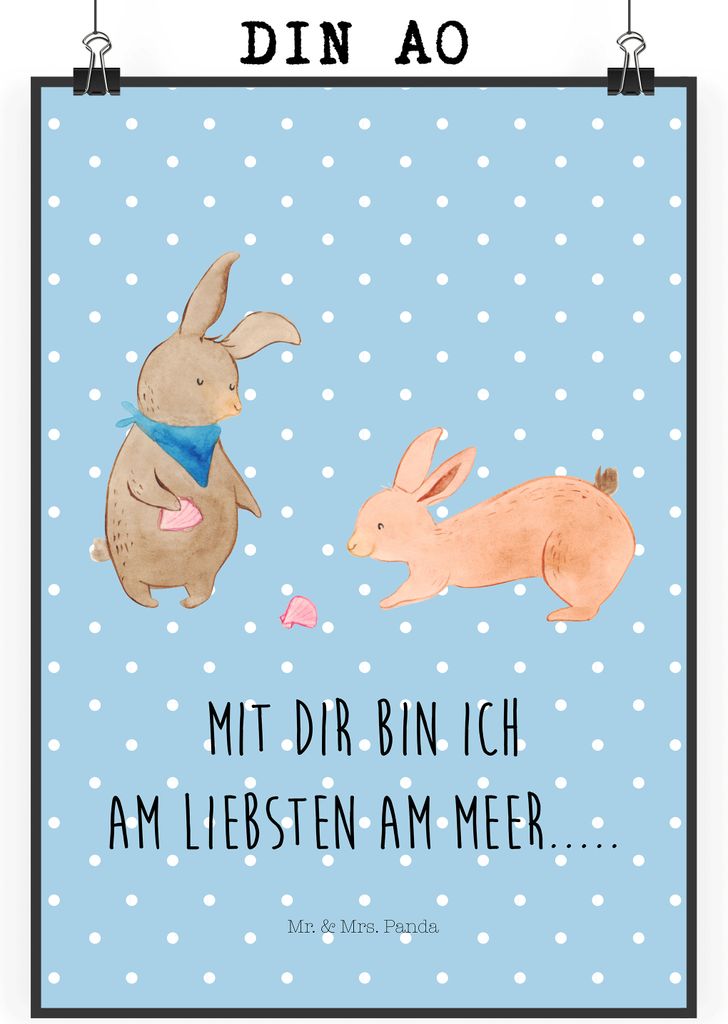 Mr. & Mrs. Panda Bild Hasen Muschel DIN A0 - Blau Pastell - Geschenk, Plakat, drucke, Meer, wanddeko, Beste Freundin, Strand, kunstposter, Mutterta...