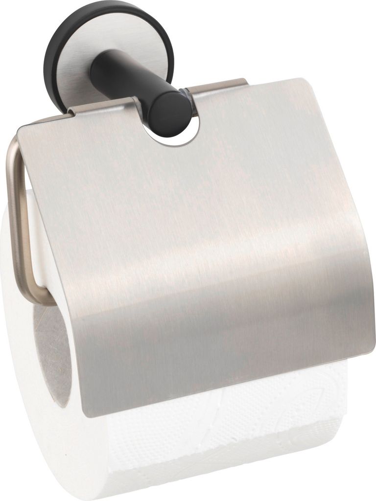 WENKO UV-Loc Toilettenpapierhalter mit Deckel Udine, Befestigen ohne Bohren mit innovativem Klebesystem, Silber matt, Edelstahl rostfrei