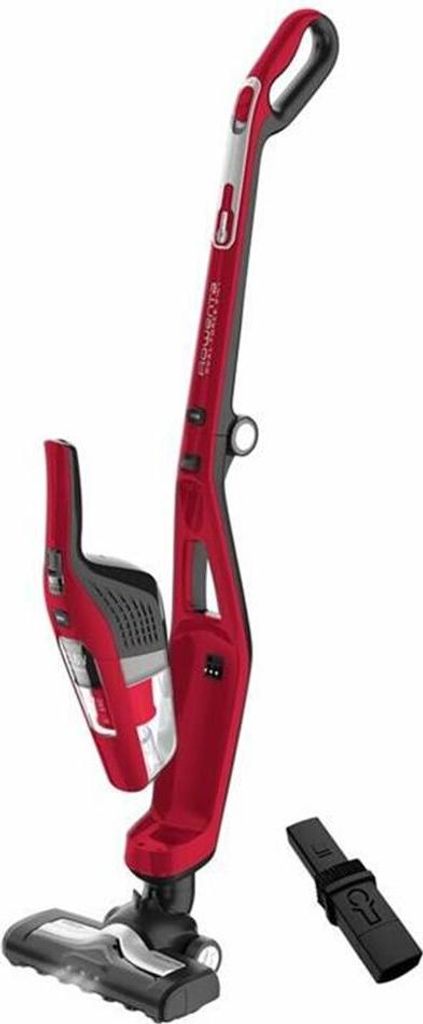 A red and gray cordless vacuum cleaner is shown against a white background.