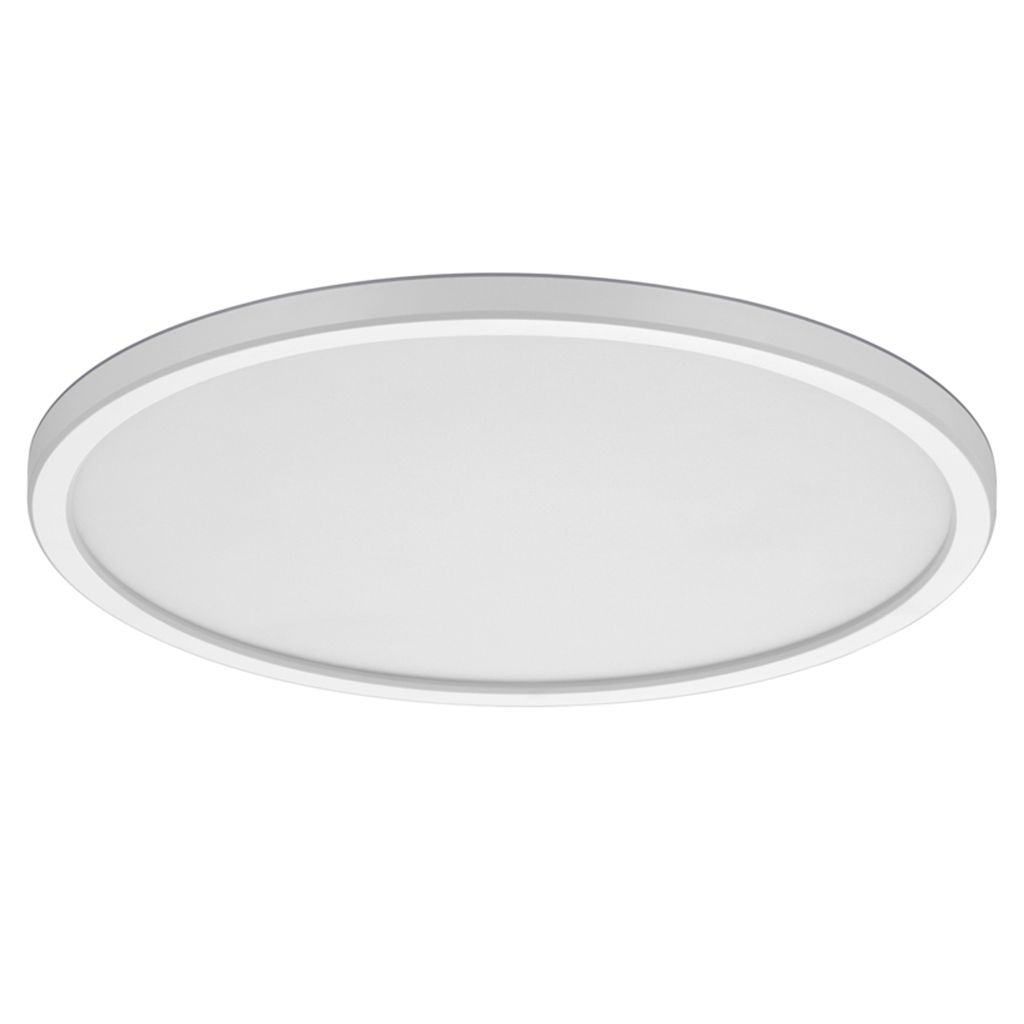 A white, circular LED ceiling light is shown against a white background.