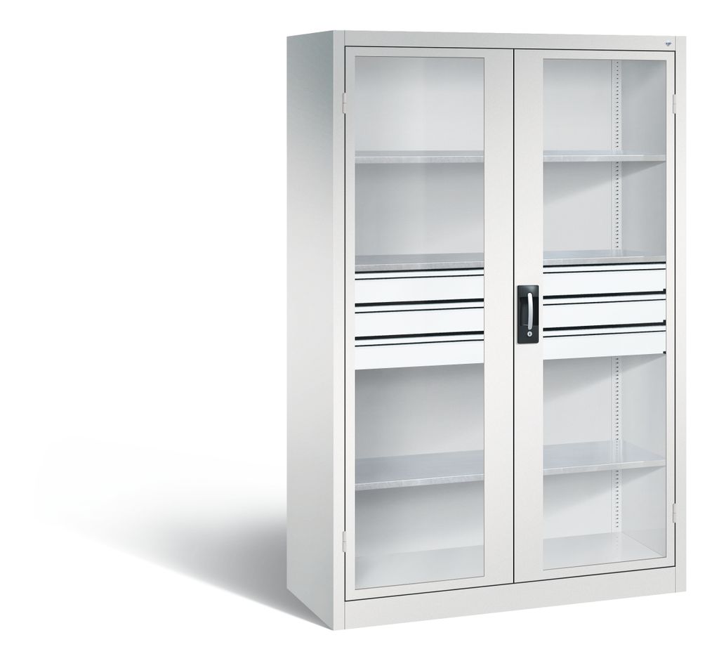 Großraum-Werkzeugschrank mit Sichfensterflügeltüren, 3 Schubladen mittig, 3 Verstellböden, BxTxH 1200x500x1950 mm, RAL 7035