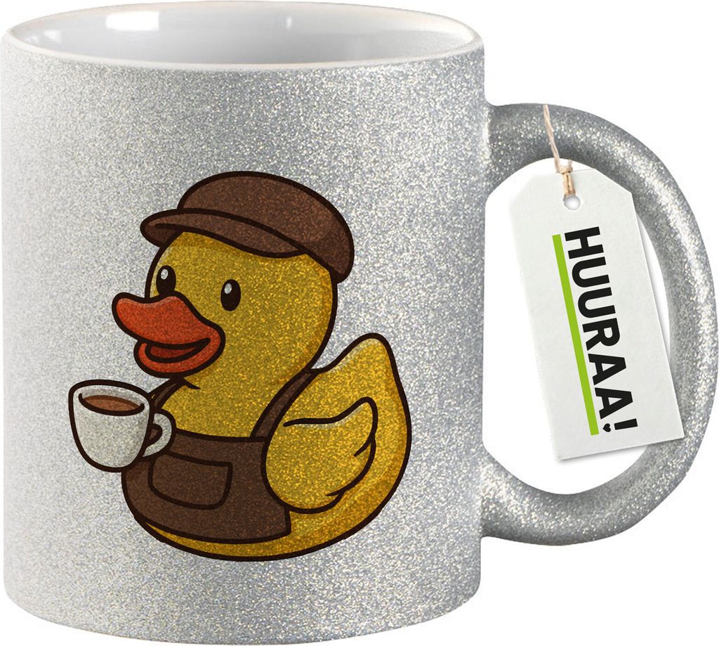 Huuraa Glitzertasse Quietscheente Barista Gummiente Barkeeper 330ml Silber Keramik Kaffeebecher Geschenkidee