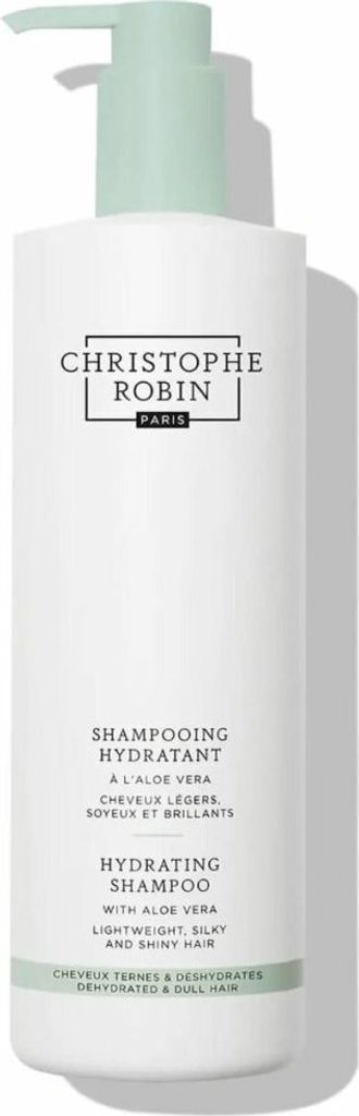 A white bottle of Christophe Robin Hydrating Shampoo with a light green pump dispenser.