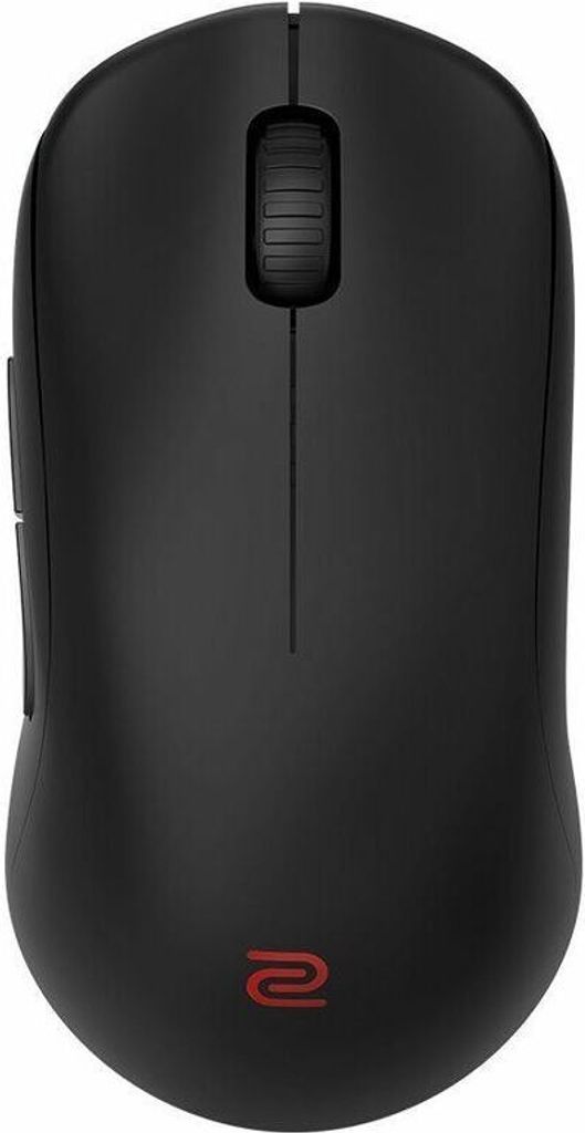 A top-down view of a black wireless computer mouse.