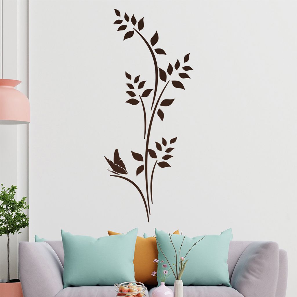 Schmetterling - Pflanze - Blätter Wandtattoo in 6 Größen - Wandaufkleber Wall Sticker - Dekoration, Küche, Wohnzimmer, Schlafzimmer, Badezimmer