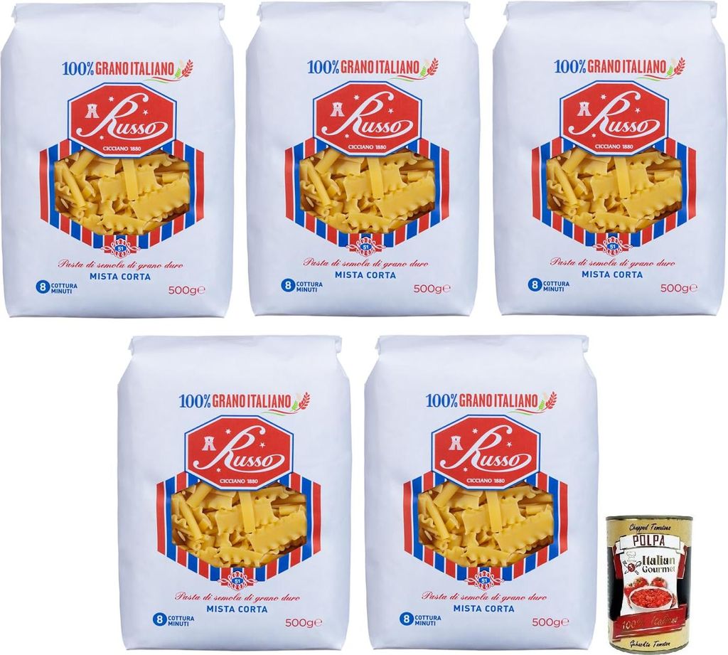 5x Russo Mista Corta N°51 Hartweizengrieß Pasta,100% Italienischer Weizen,500g-Packung + Italian Gourmet Polpa di Pomodoro 400g Dose
