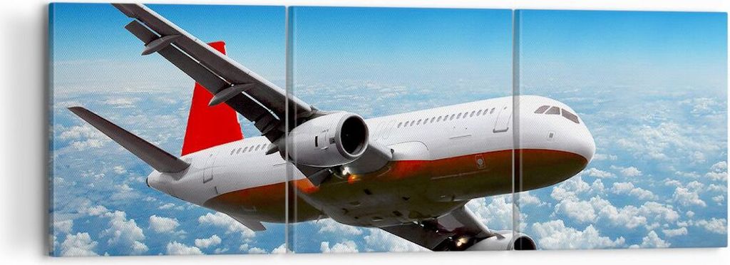 Bild auf Leinwand - Leinwandbild - Passagier Flugzeug Motoren Wolken - 120x40cm - Wand Bild - Wanddeko - Leinwanddruck - Bilder - Kunstdruck - Lein...