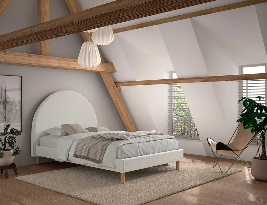 Lit 140x200 Moon Vipack pour Chambre Moderne en Tissu Bouclé Blanc Chic