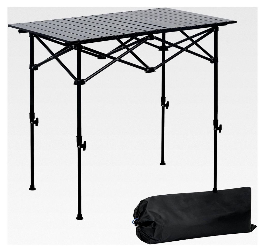 Faltbarer Campingtisch, Rolltop-Campingtisch, geeignet für Grill, Picknick, Strand, Garten, Party, 95 x 55 x 50–82 cm (höhenverstellbar), Schwarz