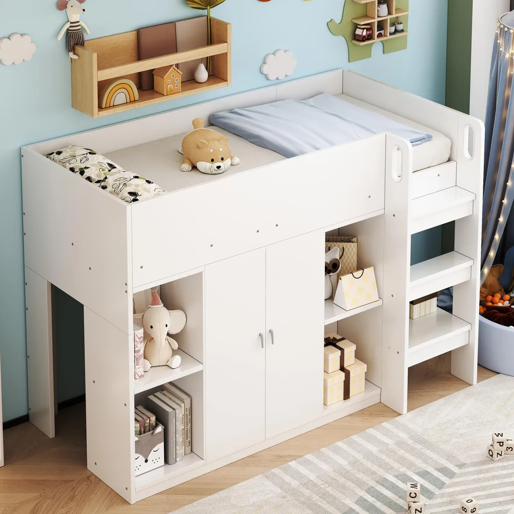 Lit Combiné Enfant 90x200 avec Étagères et Armoire de Rangement Blanc