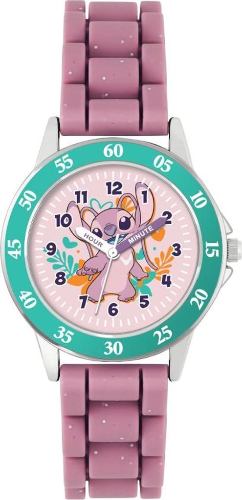 A close-up, front-facing studio shot of a children's watch with a pink band and a light pink face featuring the character Angel from Lilo & Stitch.