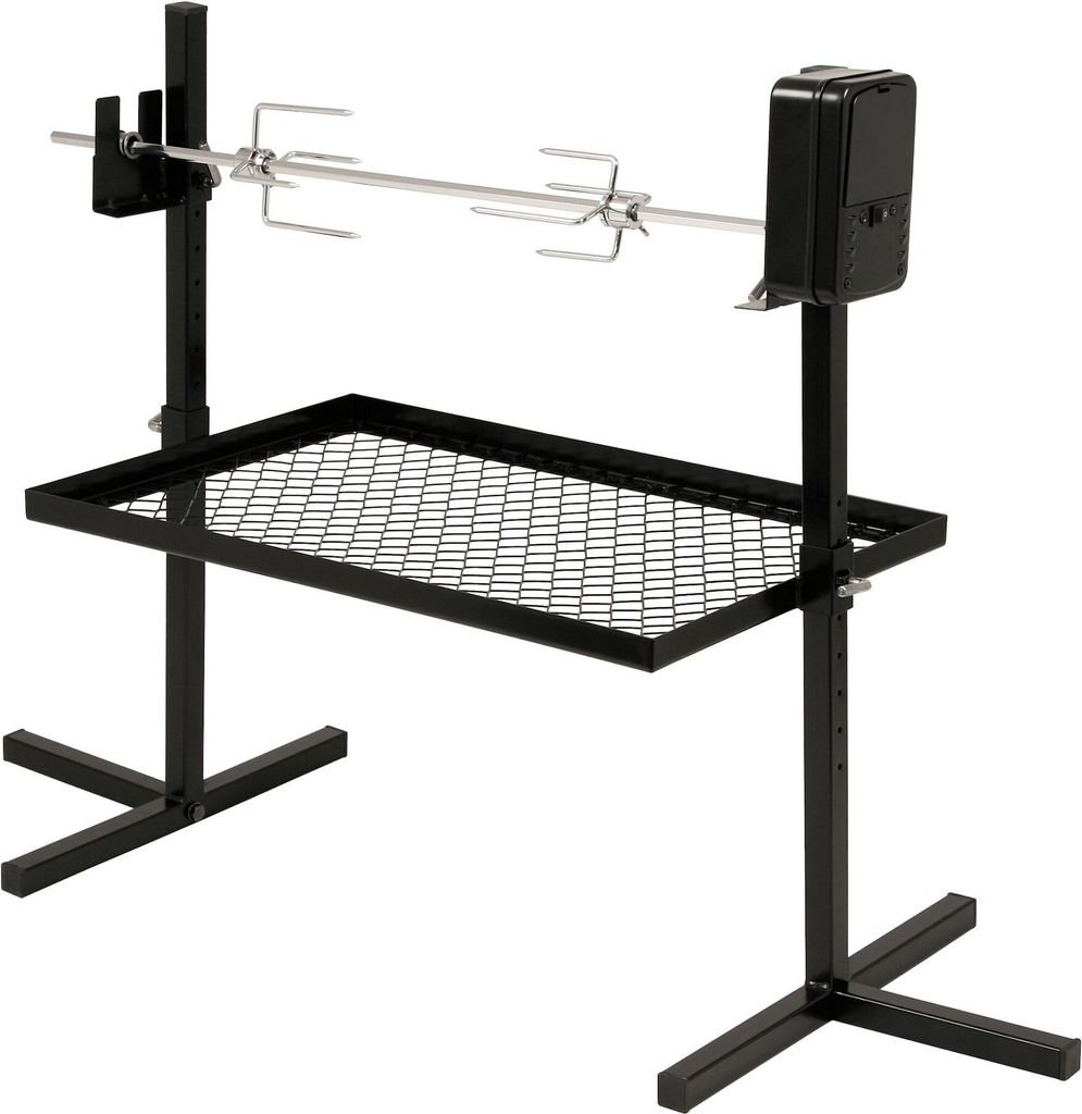 A black metal rotisserie grill spit with a mesh grate, set against a white background.