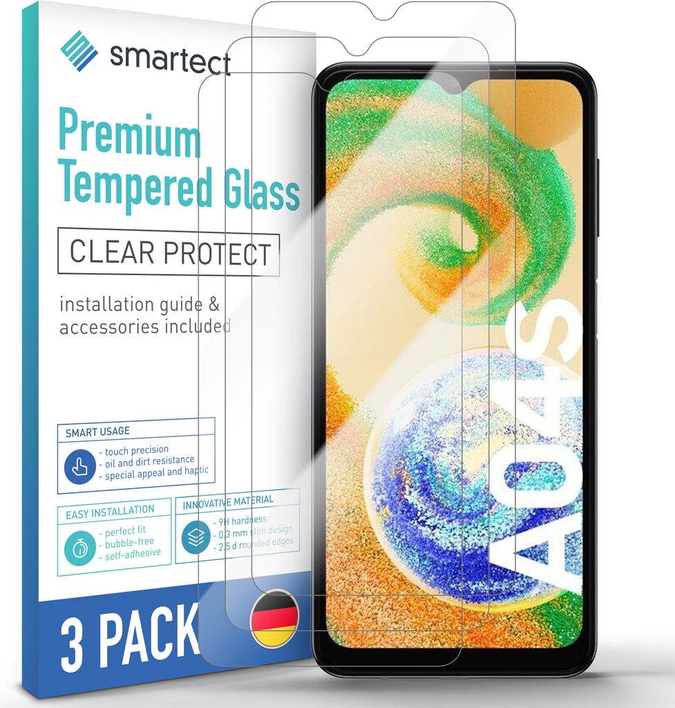 A product package for tempered glass screen protectors for a smartphone, with a phone displaying a colorful abstract image shown next to it.