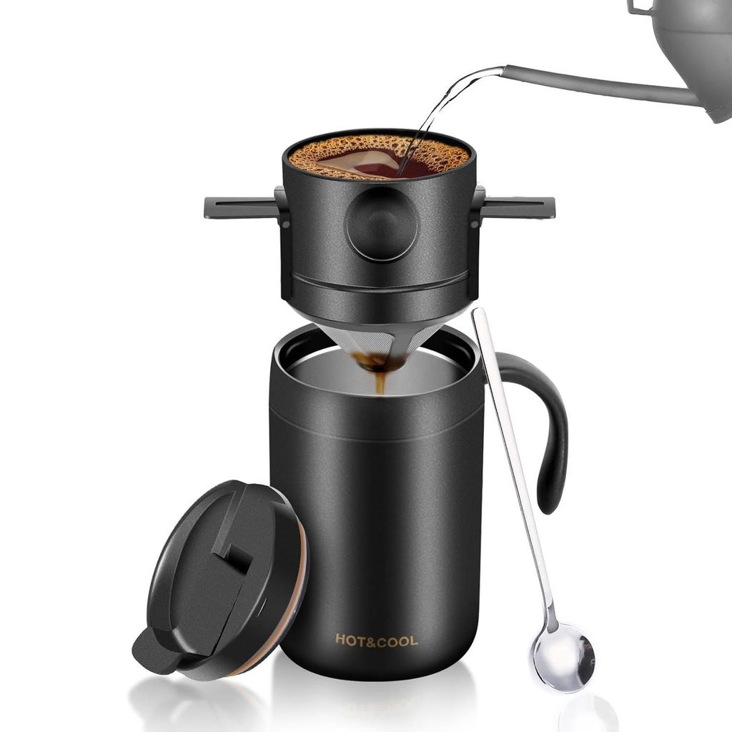Zimilo Kaffeebecher mit Handfilter und Löffel, Edelstahl Thermobecher 350ml, Tragbarer Kaffeebereiter Set, Kaffeebecher to Go, für Reise, Alltag