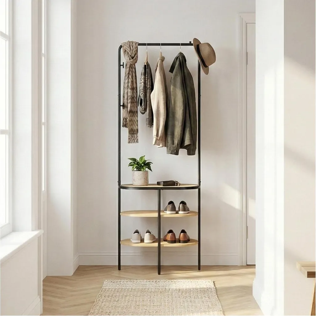 Vestiaire d'entrée circulaire bois et métal industriel 60x180 cm