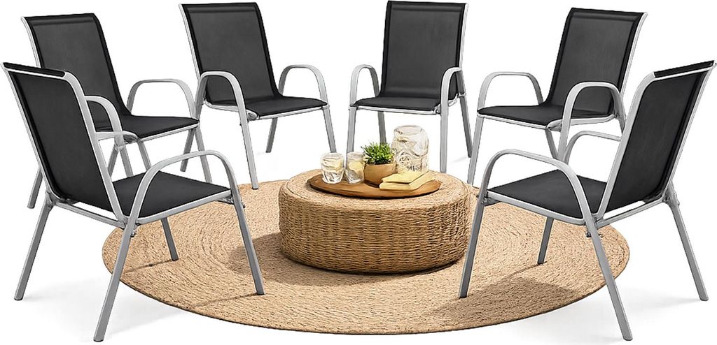 4x Gartenstuhl Outdoorstuhl Stapelstuhl stapelbar Metall Silber Textilen Schwarz