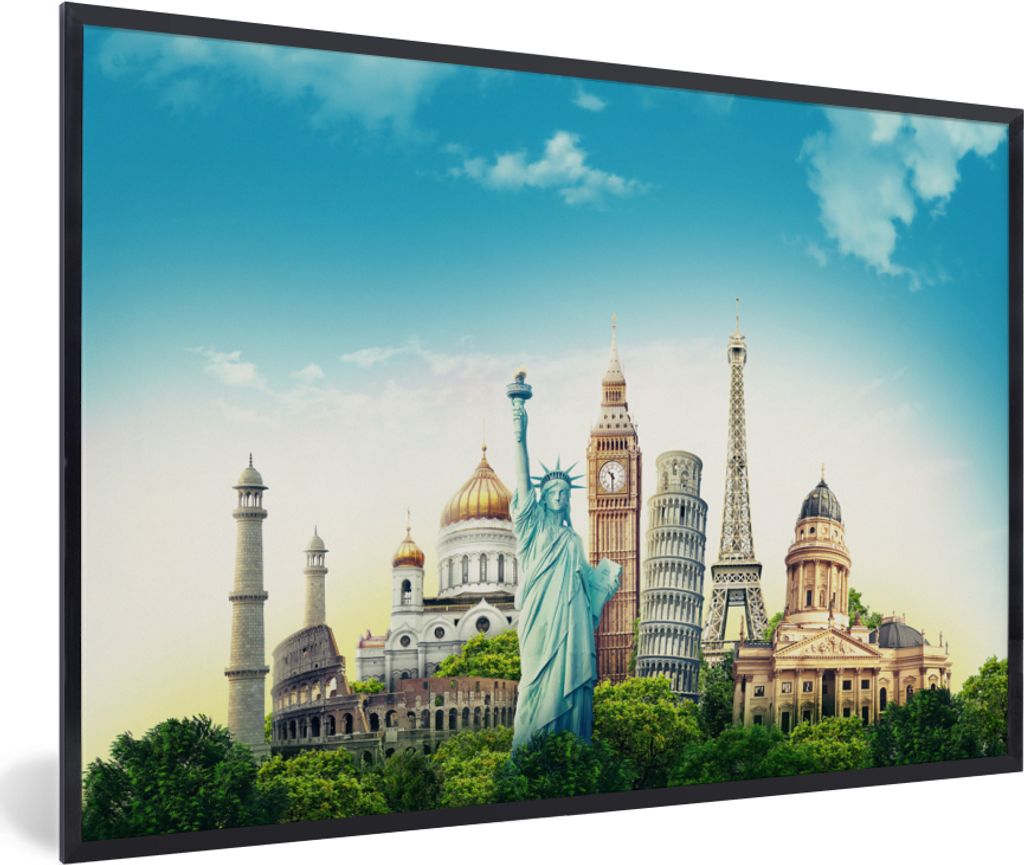 MuchoWow MuchoWow Gerahmtes Poster Welt - Eiffelturm - Freiheitsstatue 90x60 cm - Poster mit zchwarzem Bilderrahmen - Fotorahmen - Foto-Plakat