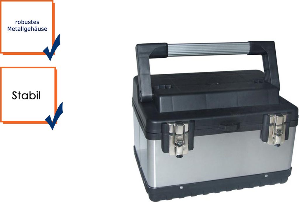 Perel Edelstahl Werkzeugkiste mit herausnehmbarem Einsatz, Metall Toolbox mit Aluminiumgriff und
