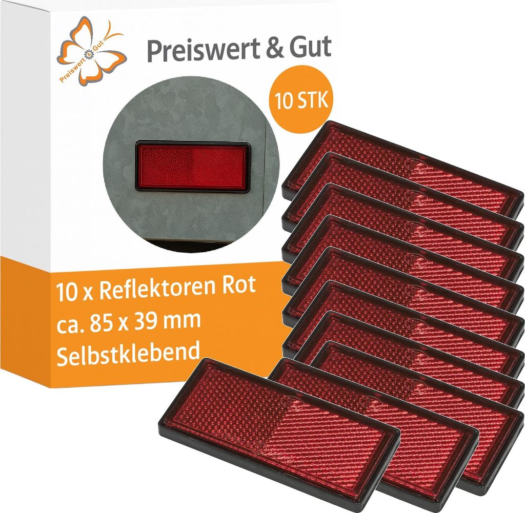 10x Reflektor Rot - ca 85x39mm Rechteck-Reflektoren E4 Selbstklebend – für Fahrrad Anhänger Seitenreflektor Rückstrahler