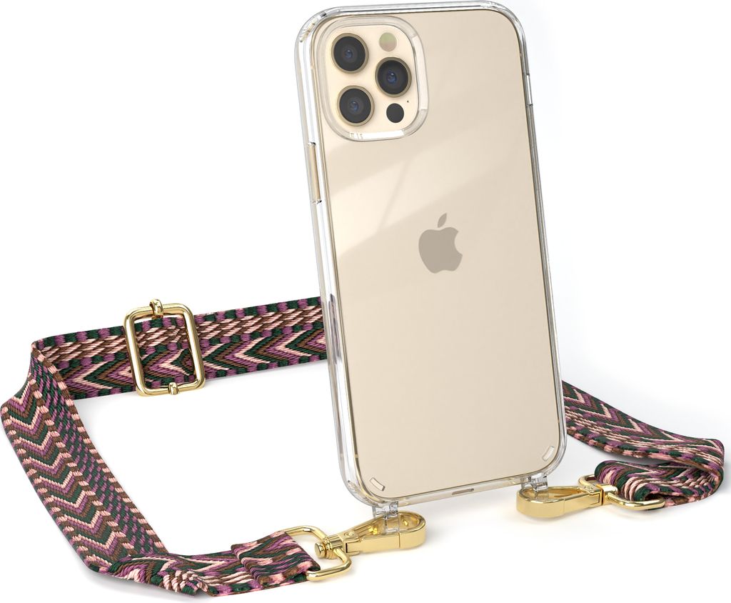 EAZY CASE Handykette - Verstellbarer Trageriemen kompatibel mit Apple iPhone 12 / 12 Pro, Handykordel mit transparenter Silikon-Hülle, Band in Lila
