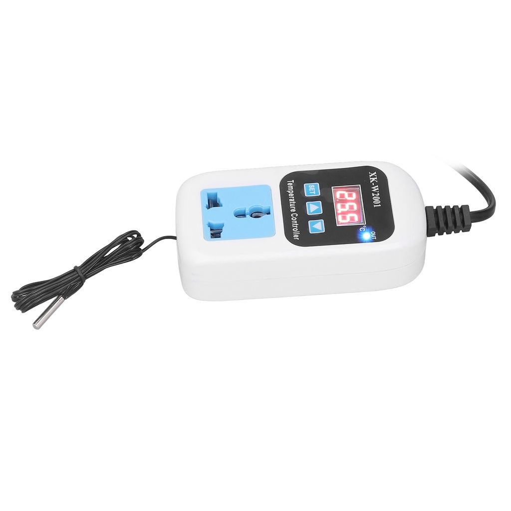 A digital thermostat plug with a temperature probe.