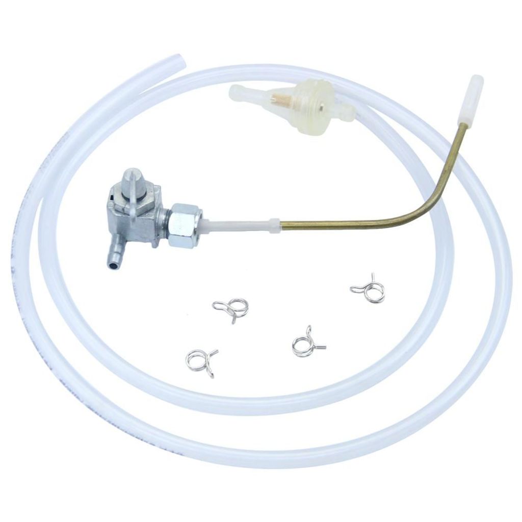 Benzinhahn Puch Maxi P1, M12 x 1 seitlich eingeschraubt, Metall-Hebel nach vorn + Filter, Schlauch und Klammern