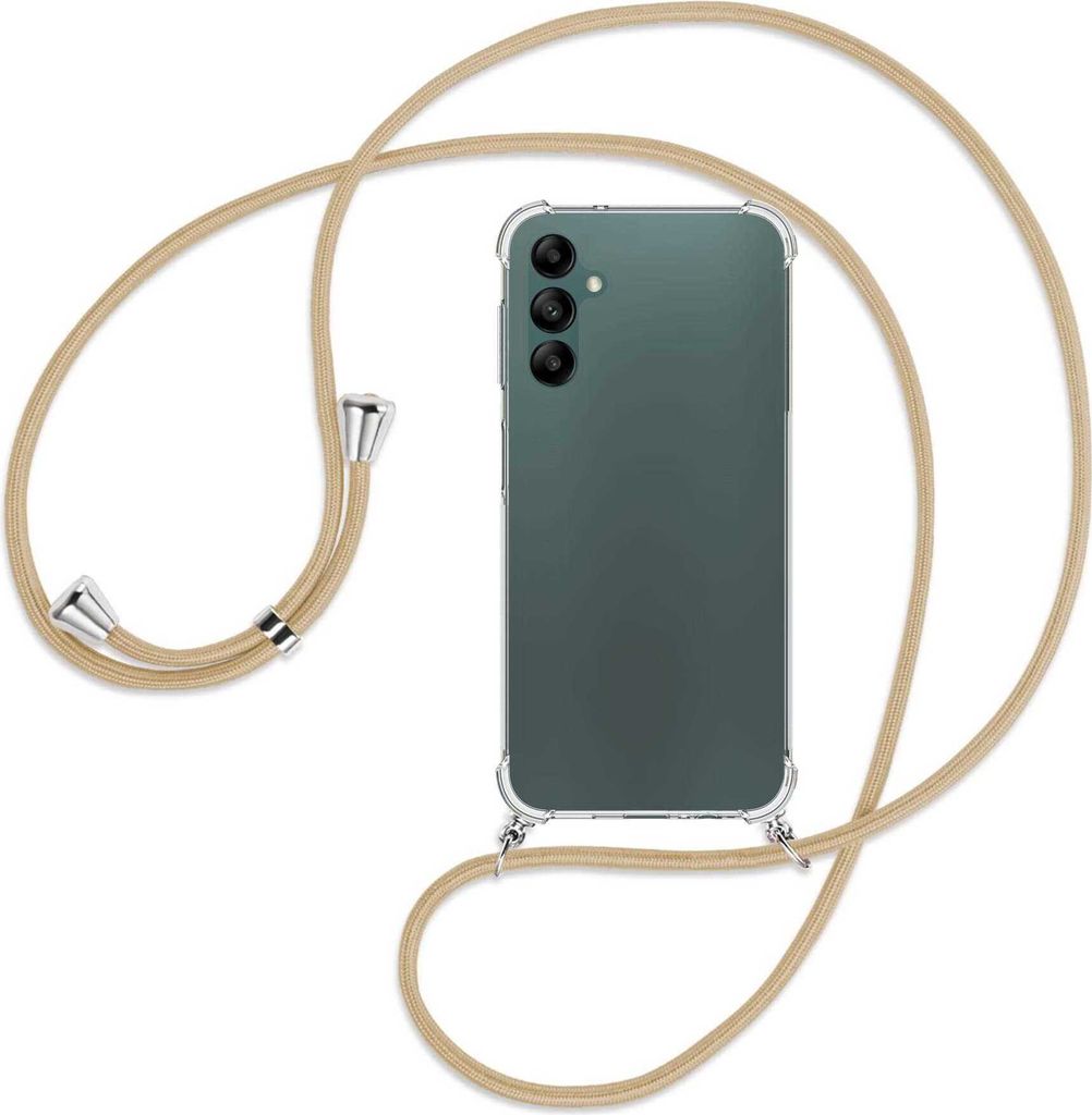 Handykette Backcover-Schutzhülle mit Band (Metall silberfarben) für Samsung Galaxy A14 5G - caramel